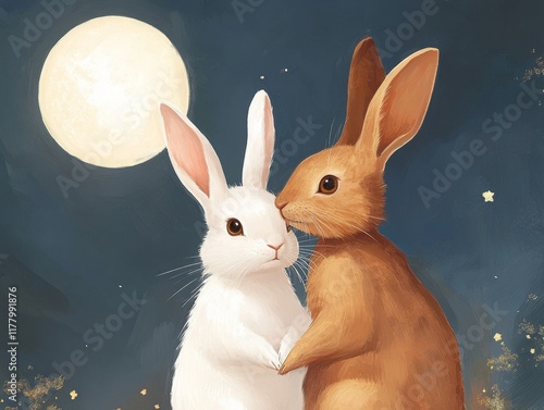 Two Rabbits Standing Together Looking at the Moon - Illustration for Lunar or Nighttime Scenes photo