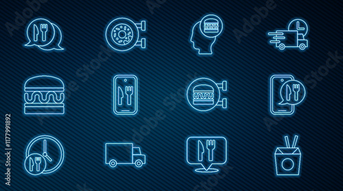 Set line Asian noodles and chopsticks, Online ordering delivery, Burger, Cafe restaurant location, burger and Donut icon. Vector