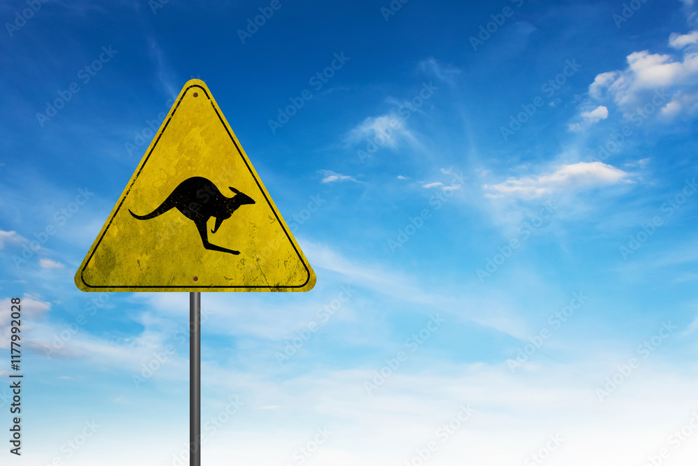 Kangaroo road sign. Isolated kangaroo on blue sky background. Kangaroo road sign. Isolated kangaroo on blue sky background.