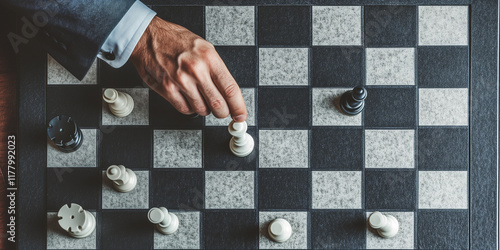 Businessman moving chess piece on a chess board game, top view photo