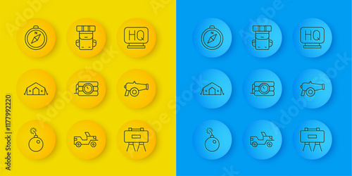Set line Bomb ready to explode, Military medical tent, Dynamite and timer clock, mine, Cannon, Compass, headquarters and Hiking backpack icon. Vector
