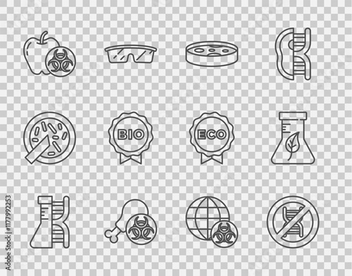 Set line DNA research, search, Stop GMO, Petri dish with bacteria, Gmo chicken, Genetically modified apple, Label for bio healthy food, and Test tube and flask icon. Vector