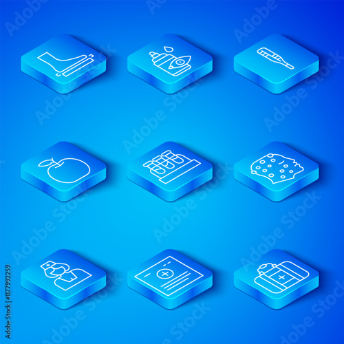 Set line Nurse, Test tube with blood, Clinical record, Psoriasis eczema rash, Medical thermometer, Apple, Flat foot and First aid kit icon. Vector