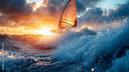 Windsurfer Riding Waves at Sunset Ocean Scene photo