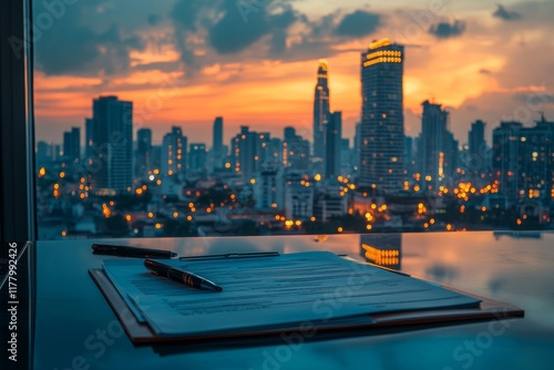 Business documents signing with modern office view