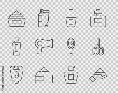 Set line Epilator, Cream lotion cosmetic tube, Nail polish bottle, Hair dryer, and Scissors icon. Vector