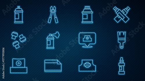 Set line Marker pen, Paint brush, Paint, gouache, jar, dye, spray can, attachment, Spray nozzle cap and Bolt cutter icon. Vector