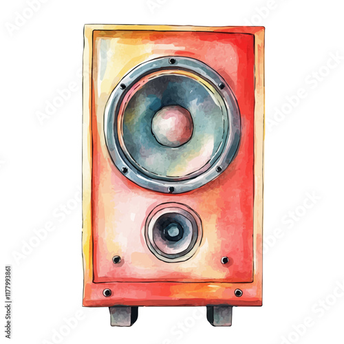 A watercolor clipart of a speaker system, isolated on a white background. Audio equipment vector.
