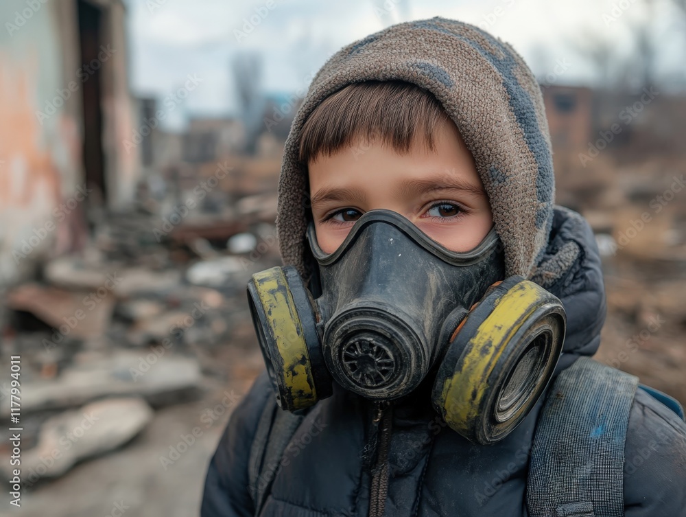 Child wearing gas mask in war-torn city ruins Child wearing gas mask in war-torn city ruins