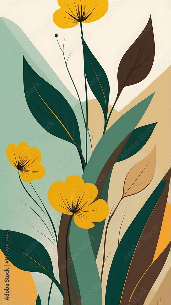 Fototapeta premium Modern Minimalist Background with Abstract Plants and Flowers in green, brown, yellow. Use in Graphic Design