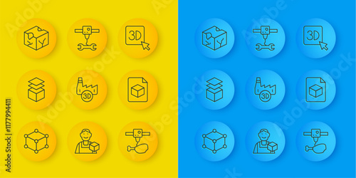 Set line Isometric cube, Layers, Printing house industry, 3D printer chicken leg, file, and wrench spanner icon. Vector