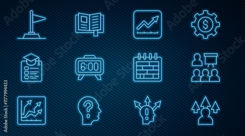 Set line Front end development, Training, presentation, Financial growth increase, Digital alarm clock, Online education, Flag, Calendar and Reading book icon. Vector