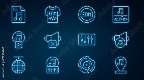 Set line Music note, tone, Speaker volume, EDM electronic dance music, mute, Play in square, MP3 file document, Sound mixer controller and T-shirt icon. Vector