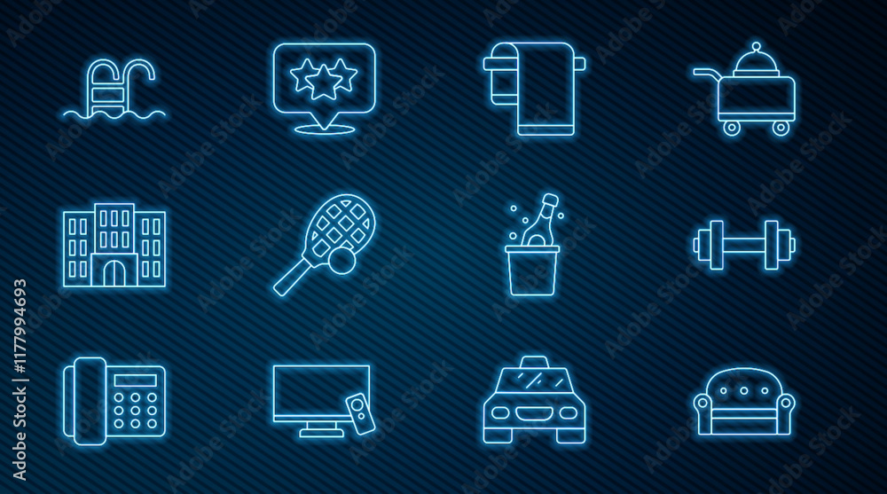 Set line Sofa, Dumbbell, Towel on hanger, Tennis racket with ball, Hotel building, Swimming pool, Bottle champagne and Stars rating icon. Vector Set line Sofa, Dumbbell, Towel on hanger, Tennis racket with ball, Hotel building, Swimming pool, Bottle champagne and Stars rating icon. Vector
