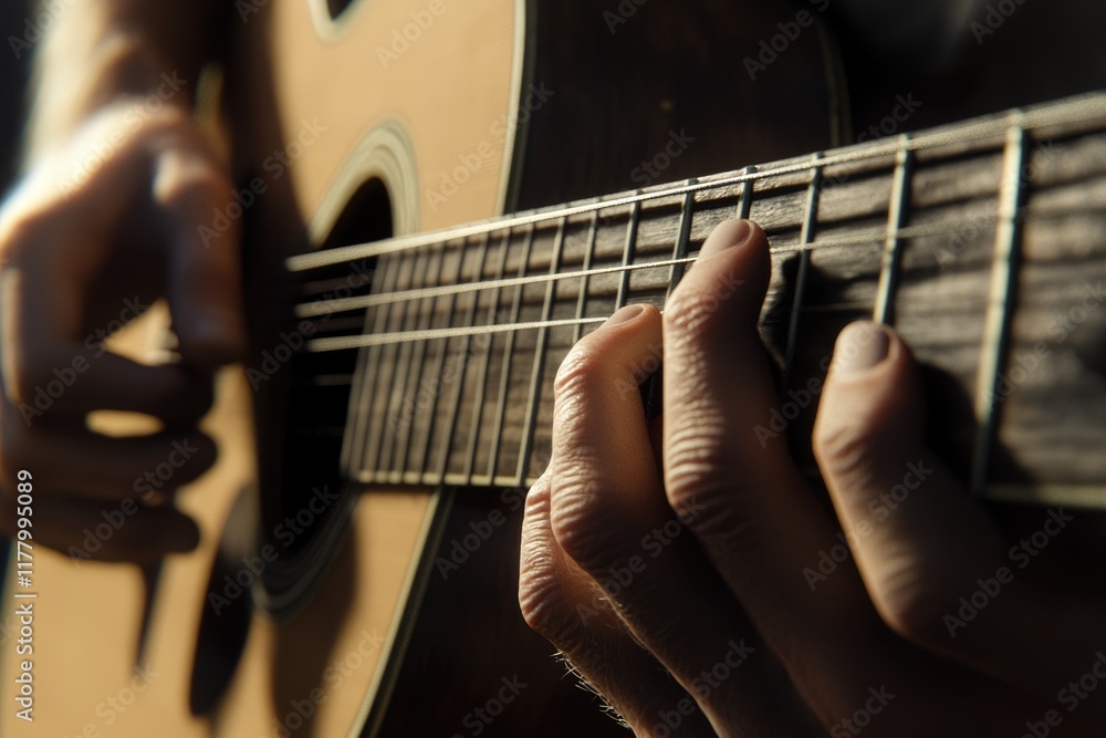 Fototapeta premium Closeup of Caucasian man playing guitar.
