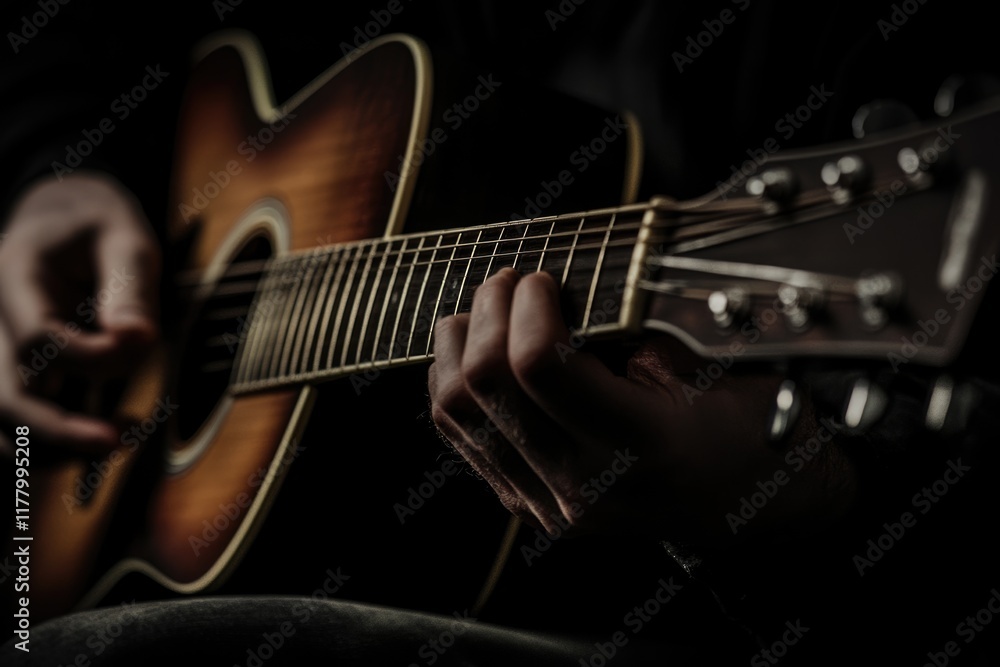 Fototapeta premium Guitarist playing acoustic guitar on black background for folk music.