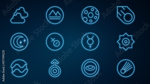 Set line Comet, Falling star, Full moon, Venus symbol, Moon and stars, Cloudy weather, Symbol Mercury and Earth element icon. Vector