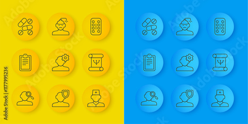 Set line Finding a problem in psychology, Psychological test, Solution, Male doctor, Psychology book, Medicine pill tablet, Sedative pills and Concussion, headache icon. Vector