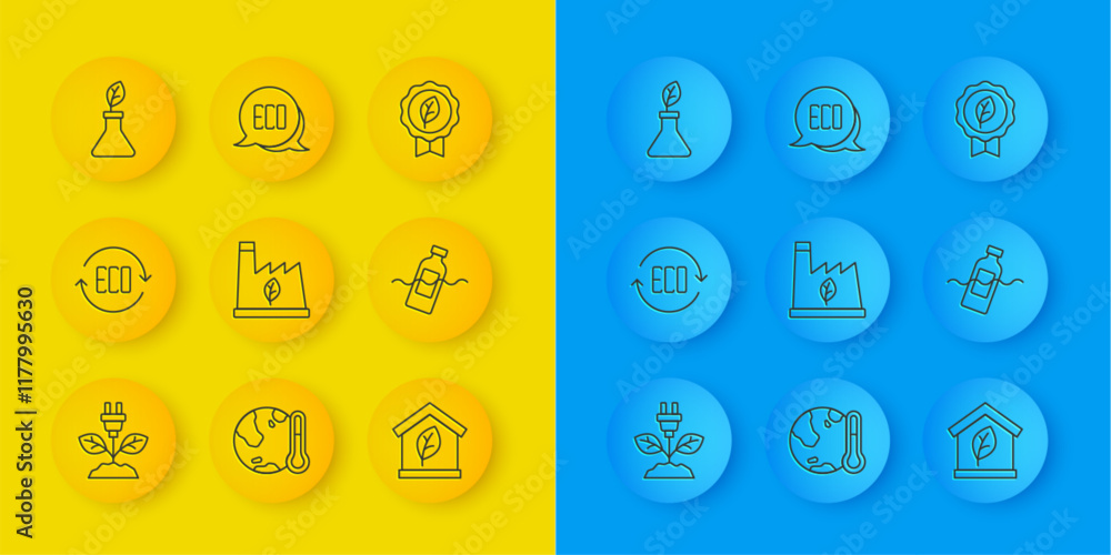 Set line Electric saving plug in leaf, Leaf Eco symbol, Plant recycling garbage, friendly house, The problem of pollution, breeding, and icon. Vector Set line Electric saving plug in leaf, Leaf Eco symbol, Plant recycling garbage, friendly house, The problem of pollution, breeding, and icon. Vector