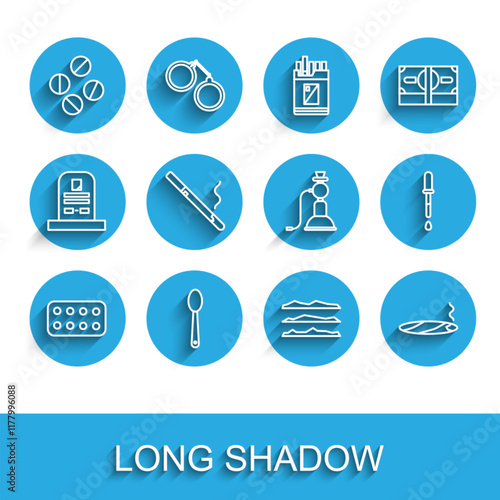 Set line Pills in blister pack, Heroin spoon, Medicine pill or tablet, Cocaine heroin drug, Cigar with smoke, Cigarette, Pipette and Hookah icon. Vector
