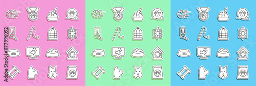 Set line Bag of food for pet, Dog house, Turtle, Cat litter tray with shovel, Pet cat toy, Drinker small pets, toys ball and Cage birds icon. Vector