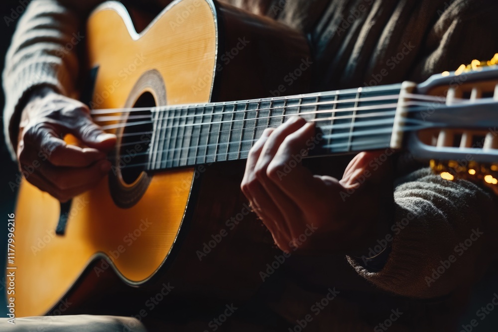 Fototapeta premium man playing classical guitar at black background