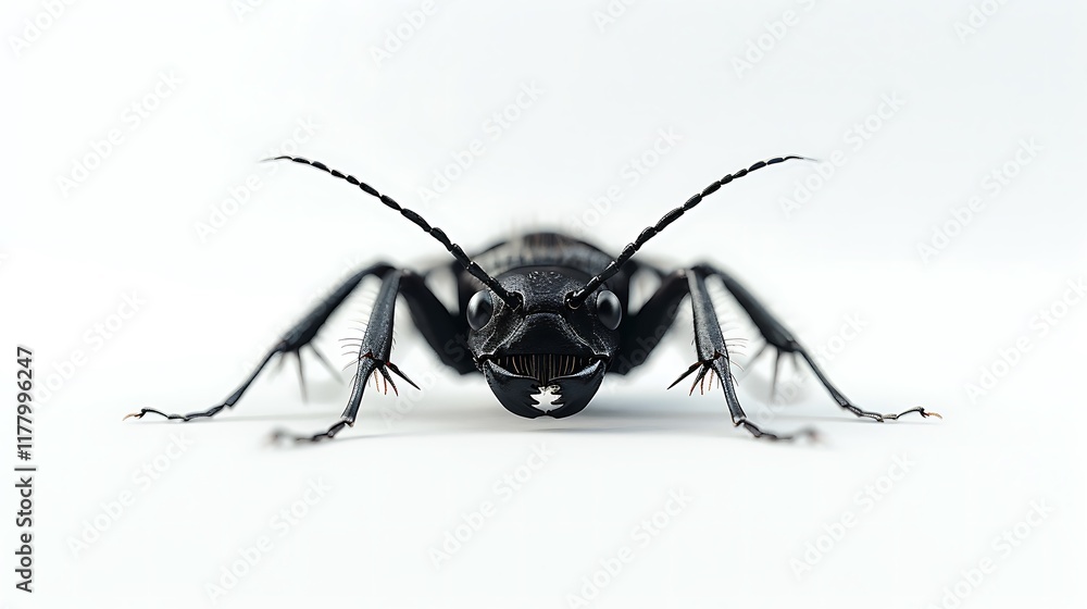A realistic shot of an insect resting on a white background with its legs splayed out. A realistic shot of an insect resting on a white background with its legs splayed out.