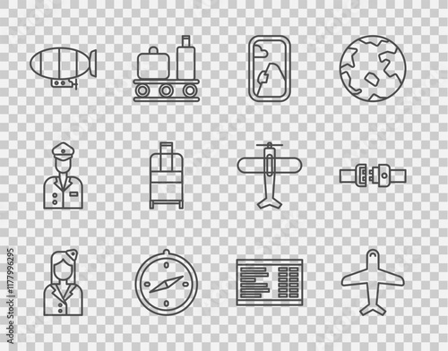 Set line Stewardess, Plane, Airplane window, Compass, Airship, Suitcase, Airport board and Safety belt icon. Vector
