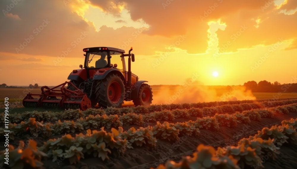Fototapeta premium Farmer plowing field with tractor at golden sunset background, tractor work, evening farming