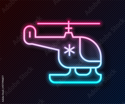 Glowing neon line Rescue helicopter icon isolated on black background. Ambulance helicopter. Vector