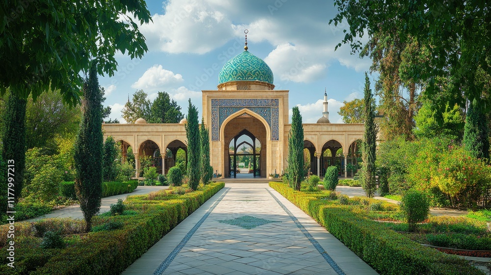 Fototapeta premium Serene Mosque Garden Pathway: A picturesque view of a mosque's tranquil garden, featuring a paved pathway, lush greenery, and the mosque's elegant architecture.