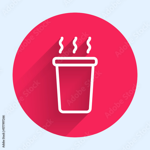 White line Cup of tea icon isolated with long shadow background. Red circle button. Vector