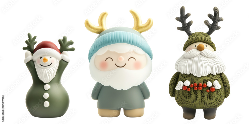 Fototapeta premium A whimsical Santa Claus figurine with horns and friendly expression, isolated on white background, embodying the spirit of Christmas.