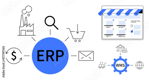 ERP system at the center linking factory, shopping cart, mail, dollar sign, magnifying glass, store, WMS settings. Ideal for business processes, integration supply chain management efficiency