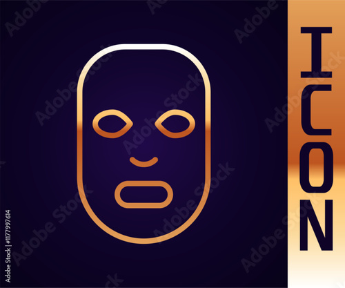 Gold line Facial cosmetic mask icon isolated on black background. Cosmetology, medicine and health care. Vector