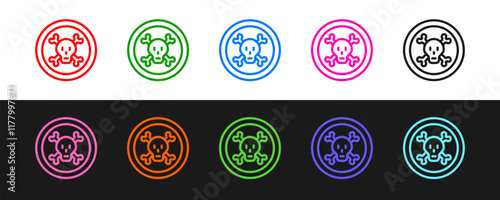 Set line Bones and skull as a sign of toxicity warning icon isolated on black and white background. Vector