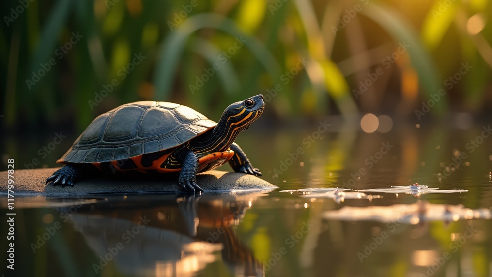 Obraz premium A serene turtle basking under the sun on a rock, enjoying the warmth. This peaceful, reflective moment captures the essence of turtles, perfect for celebrating National Pet Day with a calm, natural to