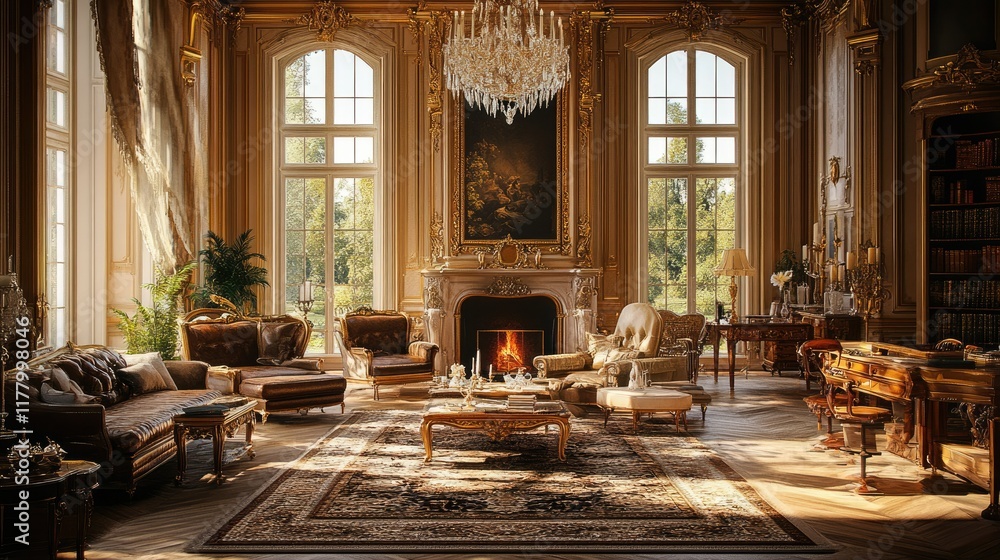 Fototapeta premium Opulent Palace Interior: A Glimpse into Grand Living, bathed in warm sunlight, this luxurious palace interior exudes elegance and sophistication.