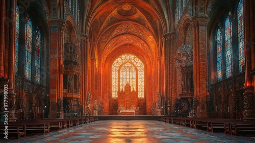 Majestic Cathedral Interior With Stained Glass Windows