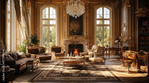 Opulent Palace Interior: A Glimpse into Grand Living, bathed in warm sunlight, this luxurious palace interior exudes elegance and sophistication.