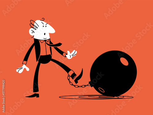 A businessman in a classic suit is tied to a load that symbolizes financial debt. Vector doodle illustration.