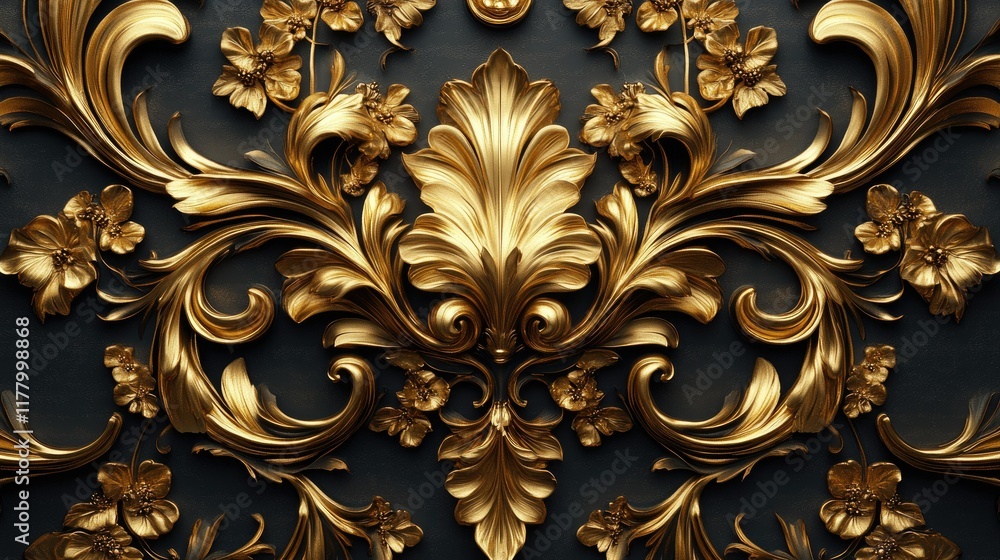Golden Baroque Ornament: A Luxurious Display of Intricate Floral and Foliage Design on a Dark Background Golden Baroque Ornament: A Luxurious Display of Intricate Floral and Foliage Design on a Dark Background