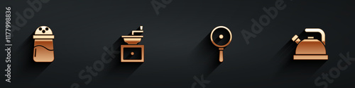 Set Salt, Manual coffee grinder, Frying pan and Kettle with handle icon with long shadow. Vector