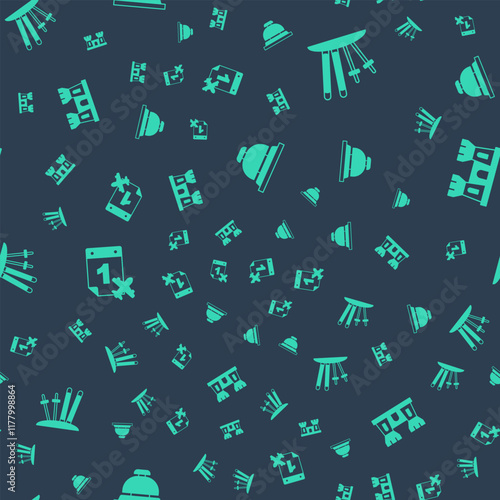 Set Hotel service bell, Ski and sticks, Calendar airplane and Sand castle on seamless pattern. Vector