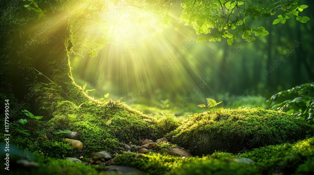 Fototapeta premium Enchanted Forest Sunlight: Mossy Undergrowth, Sunbeams, and Lush Greenery