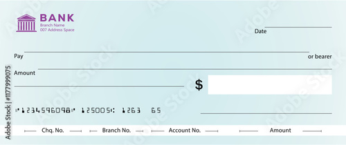 Bank check, vector blank money cheque, checkbook template with guilloche pattern and fields. Currency payment coupon, money check background, Blue Bank Cheque