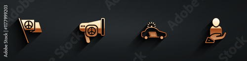 Set Peace, , Police car and flasher and Life insurance in hand icon with long shadow. Vector