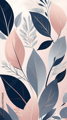Modern Minimalist Background with Abstract Plants and Flowers in Navy Blue, Blush Pink, Silver. Use in Graphic Design