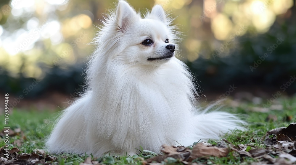 Fototapeta premium Serene White Pomeranian in Autumn Park