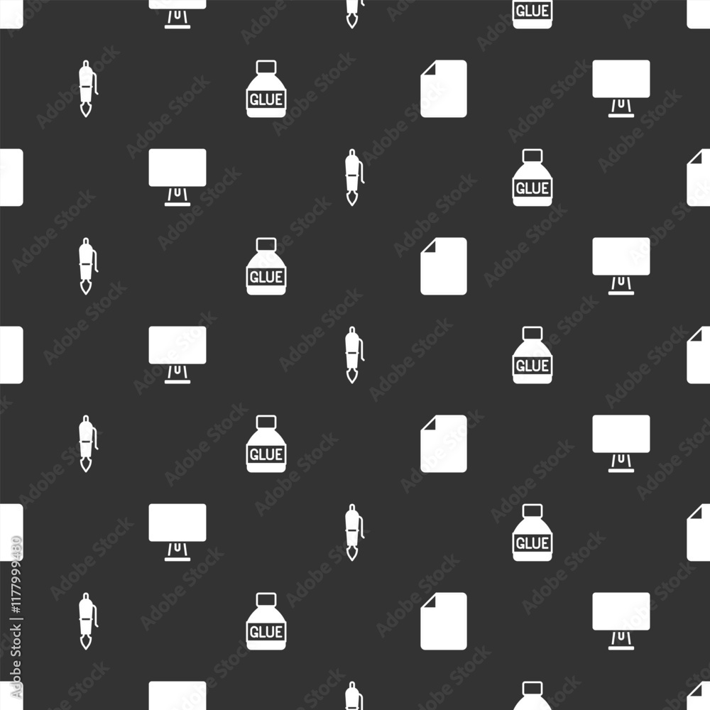 Set File document, Computer monitor, Fountain pen nib and Glue on seamless pattern. Vector Set File document, Computer monitor, Fountain pen nib and Glue on seamless pattern. Vector